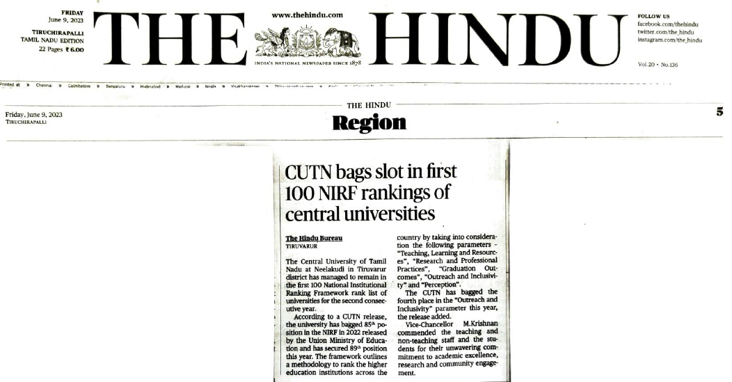 CUTN bags slot in first 100 NIRF rankings of Central Universities